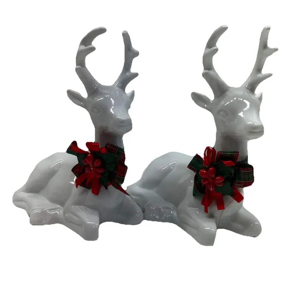 Pair (2) White Ceramic Glazed Christmas Deer Figurines - House of Lloyd